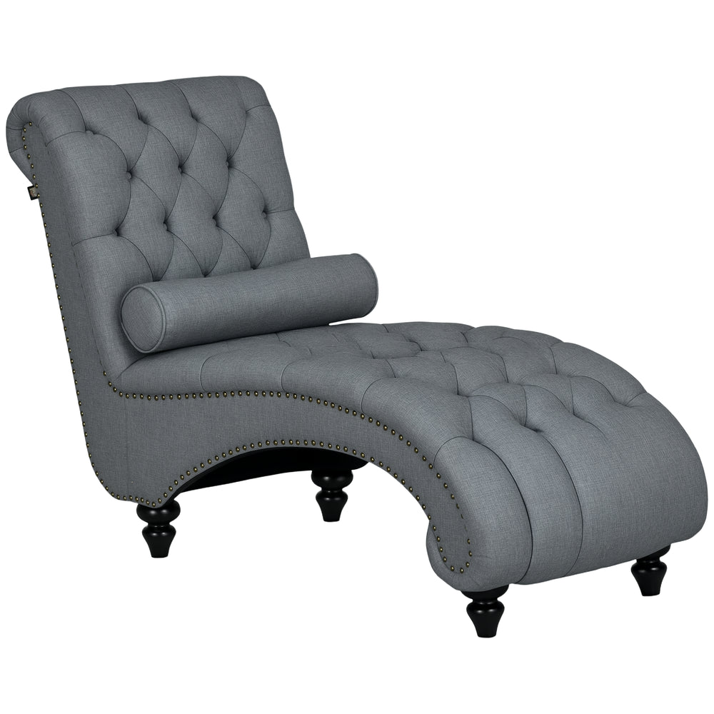 Chaise longue capitonnée à boutons rembourrée avec pieds en bois, gris
