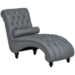 Chaise longue capitonnée à boutons rembourrée avec pieds en bois, gris