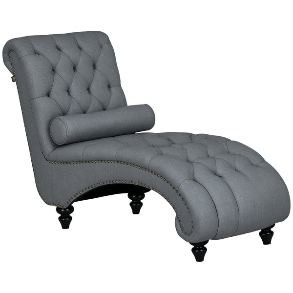 Chaise longue capitonnée à boutons rembourrée avec pieds en bois, gris