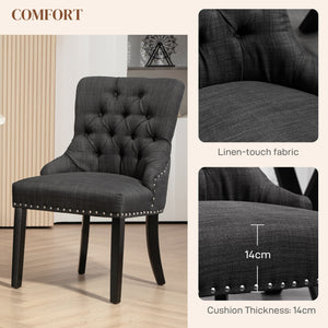 Lot de 2 chaises de salle à manger en lin avec bordure cloutée et pieds en bois, gris foncé