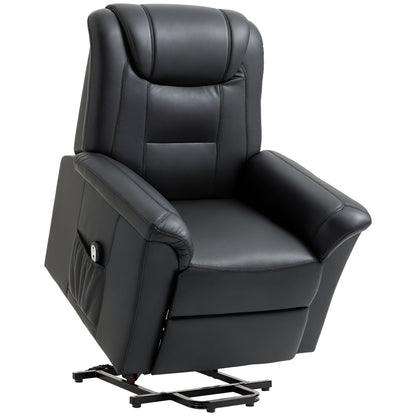 Fauteuil releveur électrique inclinable en cuir synthétique avec repose-pieds et télécommande, poches latérales, noir