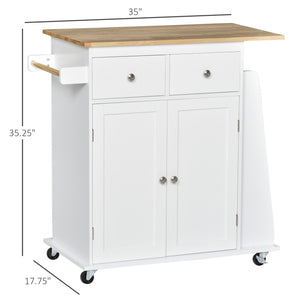 Chariot de cuisine roulant avec plateau en bois d'hévéa, étagère à épices à 3 niveaux et porte-serviettes, blanc.