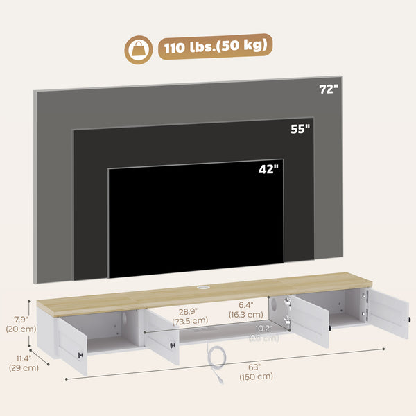 Meuble TV mural flottant 63 po avec rangement et station de recharge, blanc