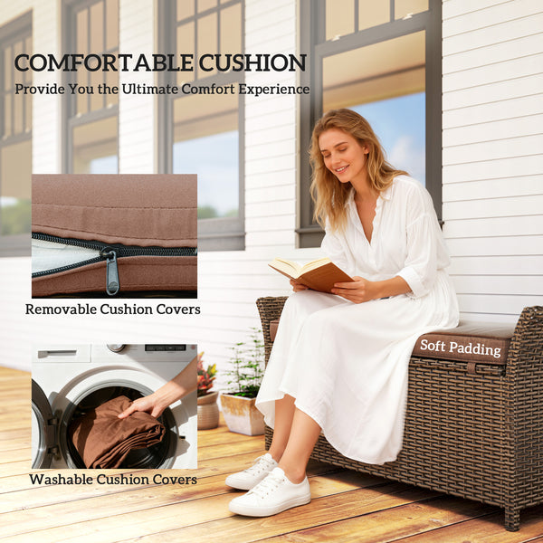 Banc de rangement extérieur 2 en 1 en osier avec poignées et coussin, couleur beige