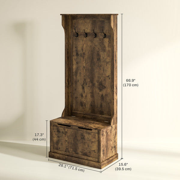 4-In-1 Hall Tree with Coat Rack, Top Shelf, Shoe Storage and Bench Seat, Entryway Bench with 4 Hooks, Rustic Brown
