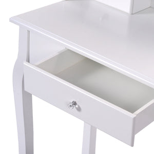 Dressing table set with padded stool, 360° rotating oval mirror and three drawers - White