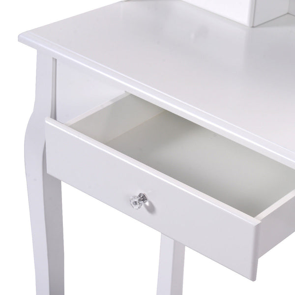 Dressing table set with padded stool, 360° rotating oval mirror and three drawers - White
