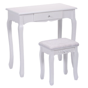 Dressing table set with padded stool, 360° rotating oval mirror and three drawers - White