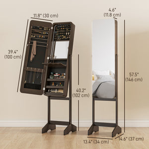 Armoire à bijoux sur pied avec miroir, éclairage LED, marron