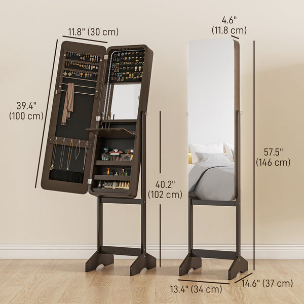 Armoire à bijoux sur pied avec miroir, éclairage LED, marron
