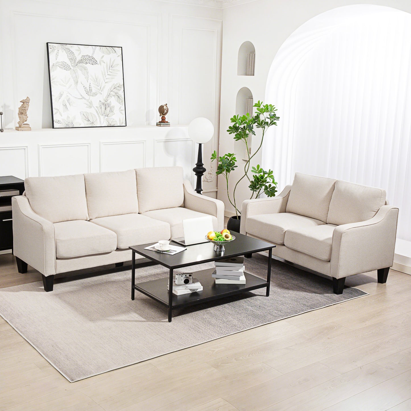 Modern sofa with pocket springs, linen upholstery, thick padding, beige