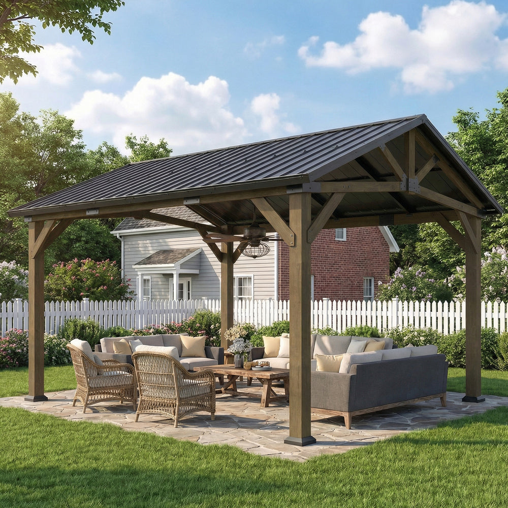Toit de jardin rigide avec toit en métal galvanisé, structure en bois de sapin et crochet central pour terrasse, noir et gris