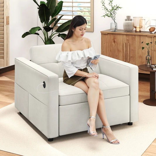 Fauteuils-lits avec port USB, dossier réglable en velours, blanc crème