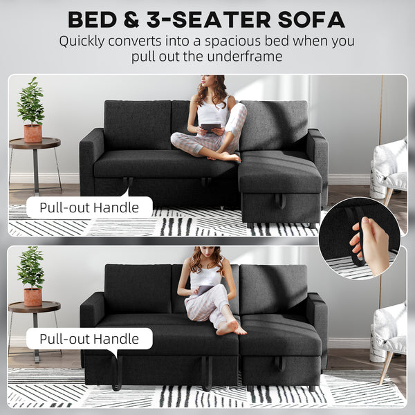 Convertible Corner Sofa Bed, Built-In Storage & 3 Removable Back Cushions, Black