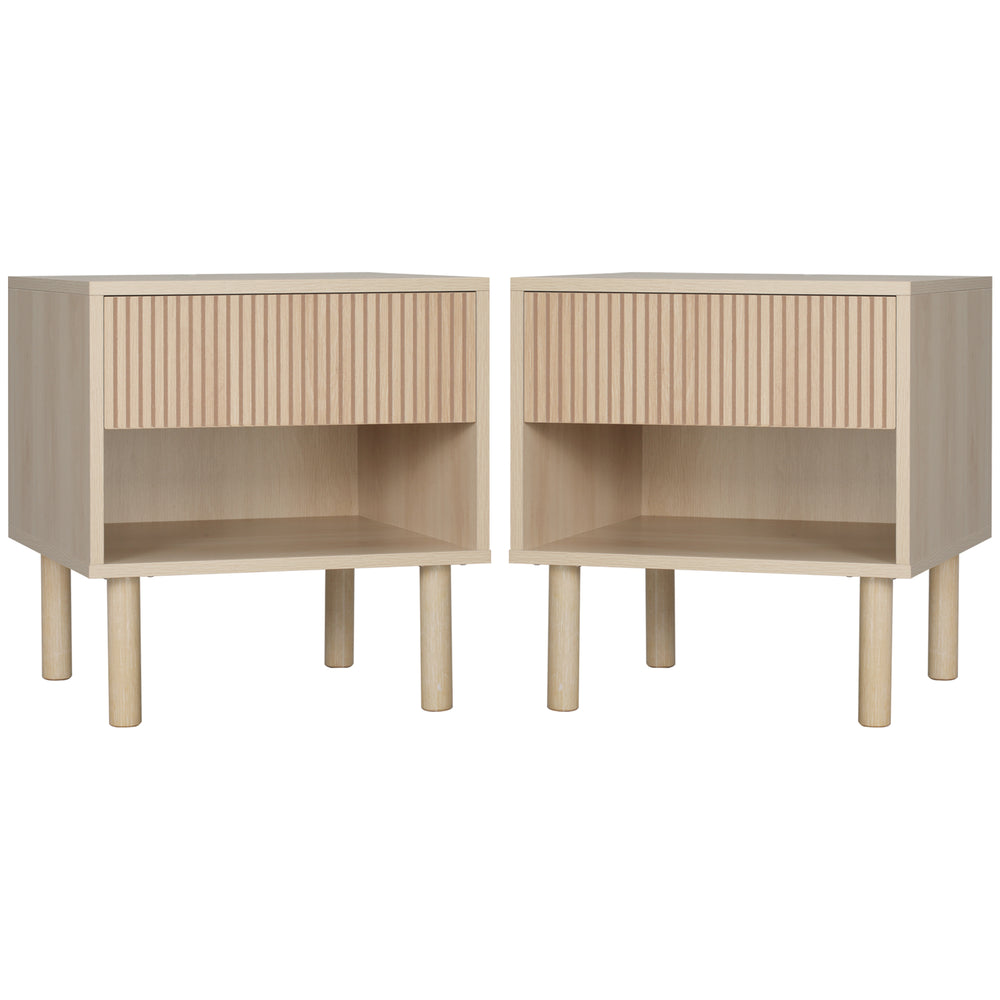 Set of 2 bedside tables with shelf and storage drawer, natural wood