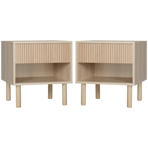 Set of 2 bedside tables with shelf and storage drawer, natural wood