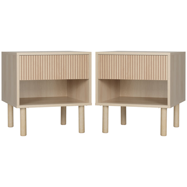 Set of 2 bedside tables with shelf and storage drawer, natural wood