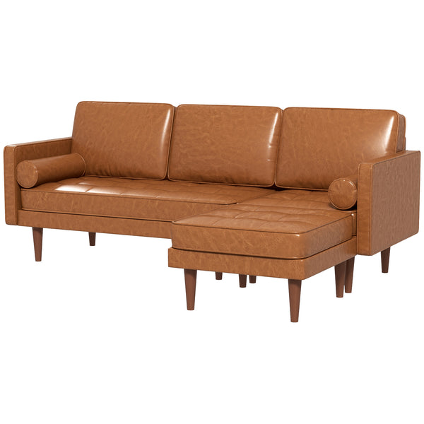 Canapé d'angle sectionnel en similicuir avec repose-pieds et 2 coussins traversins, marron