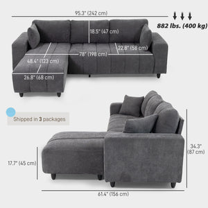 Canapé sectionnel avec assise intégrée, méridienne amovible, 2 coussins, gris