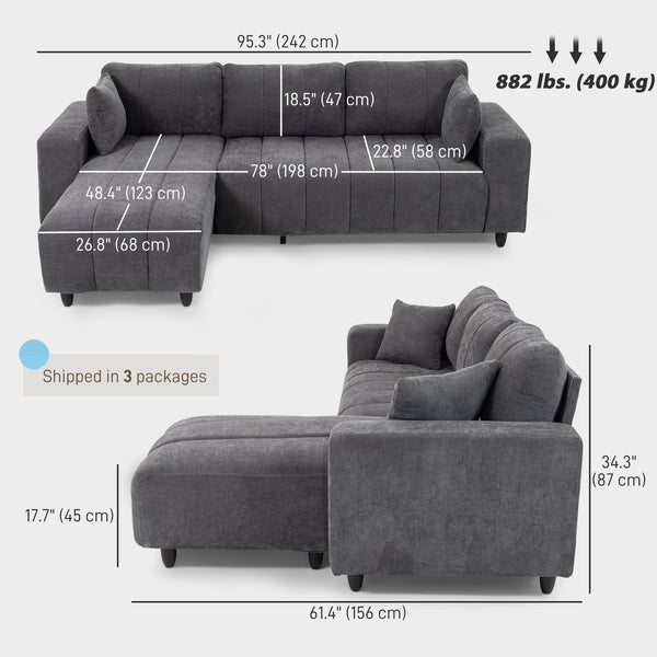 Canapé sectionnel avec assise intégrée, méridienne amovible, 2 coussins, gris