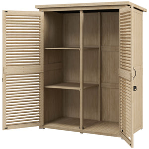 Wooden garden shed with waterproof asphalt roof, shelves, natural color