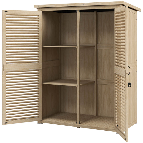 Wooden garden shed with waterproof asphalt roof, shelves, natural color
