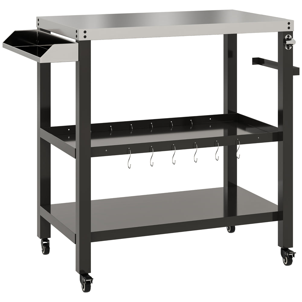 Outdoor Kitchen Bar Cart BBQ Table with Wheels, Stainless Steel Pizza Oven Stand, Movable Prep Table with Hooks