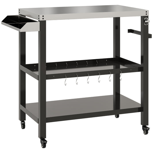 Outsunny Outdoor Kitchen Bar Cart BBQ Table with Wheels, Stainless Steel Pizza Oven Stand, Movable Prep Table with Hooks |