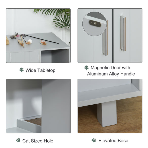 Litter box cabinet with scratching post, magnetic doors, gray