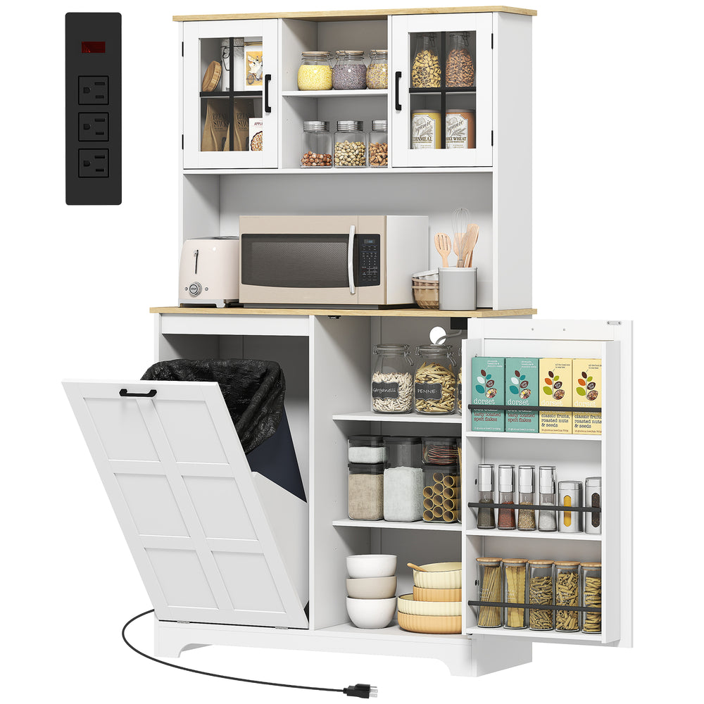 Meuble de rangement avec station de charge, poubelle de 7 gallons et étagères réglables, blanc