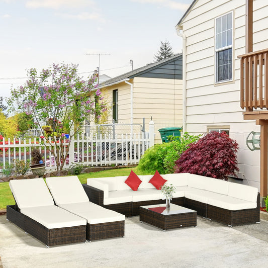 9 Piece Wicker Garden Furniture Set with Cushion, Cream White