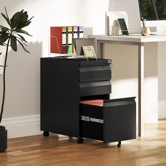 Classeur Vinsetto 3 tiroirs avec serrure, armoire de rangement de bureau en acier avec barre de suspension pour dossiers A4, Légal et Lettre, noir