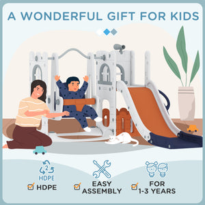 Ensemble de jeux d'intérieur Qaba 6 en 1 avec toboggan, balançoire, panier de basket, structure d'escalade, espace de rangement et télescope