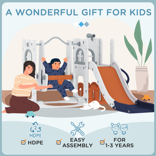 Ensemble de jeux d'intérieur Qaba 6 en 1 avec toboggan, balançoire, panier de basket, structure d'escalade, espace de rangement et télescope