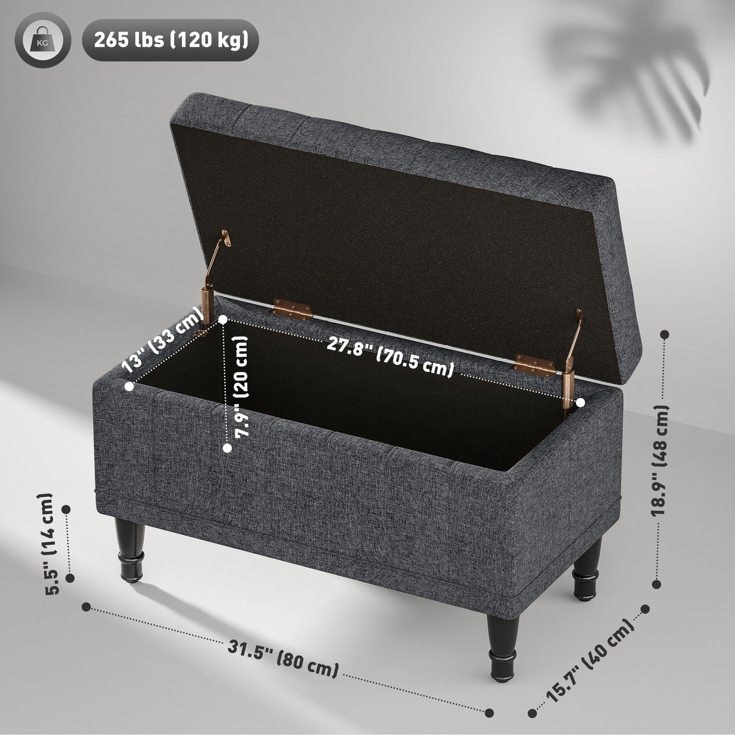 Pouf de rangement, banc de chevet en tissu lin avec capitonnage à boutons, gris