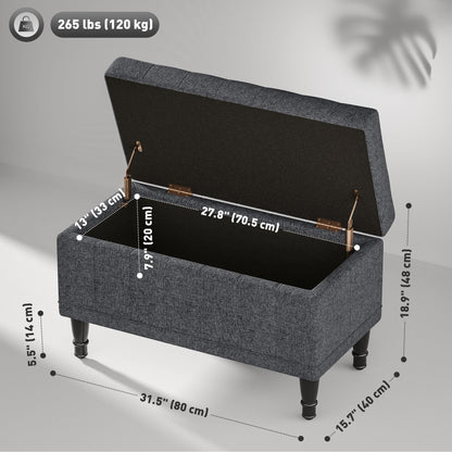 Pouf de rangement, banc de chevet en tissu lin avec capitonnage à boutons, gris