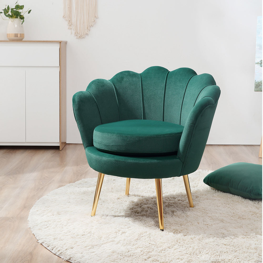 Fauteuil d'appoint lotus en tissu velours avec pieds en métal doré, vert foncé