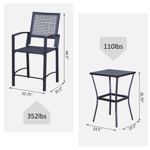Ensemble de bar d'extérieur 3 pièces en osier, table de bar et chaises hautes de style rotin avec coussins, blanc crème