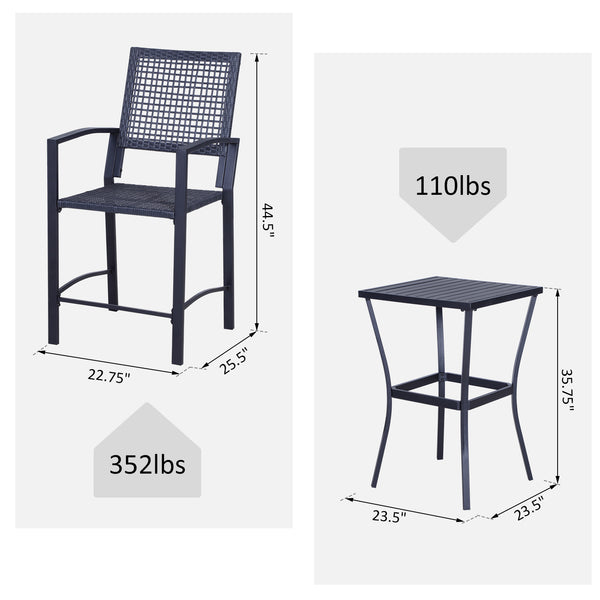 Ensemble de bar d'extérieur 3 pièces en osier, table de bar et chaises hautes de style rotin avec coussins, blanc crème