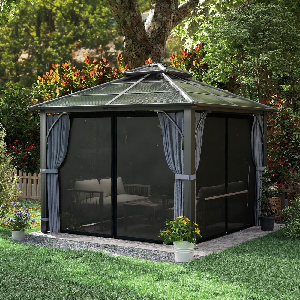 10' x 10' Hardtop Gazebo with 7mm Double Polycarbonate Roof, Outdoor Gazebo with Netting and Curtains, Dark Grey
