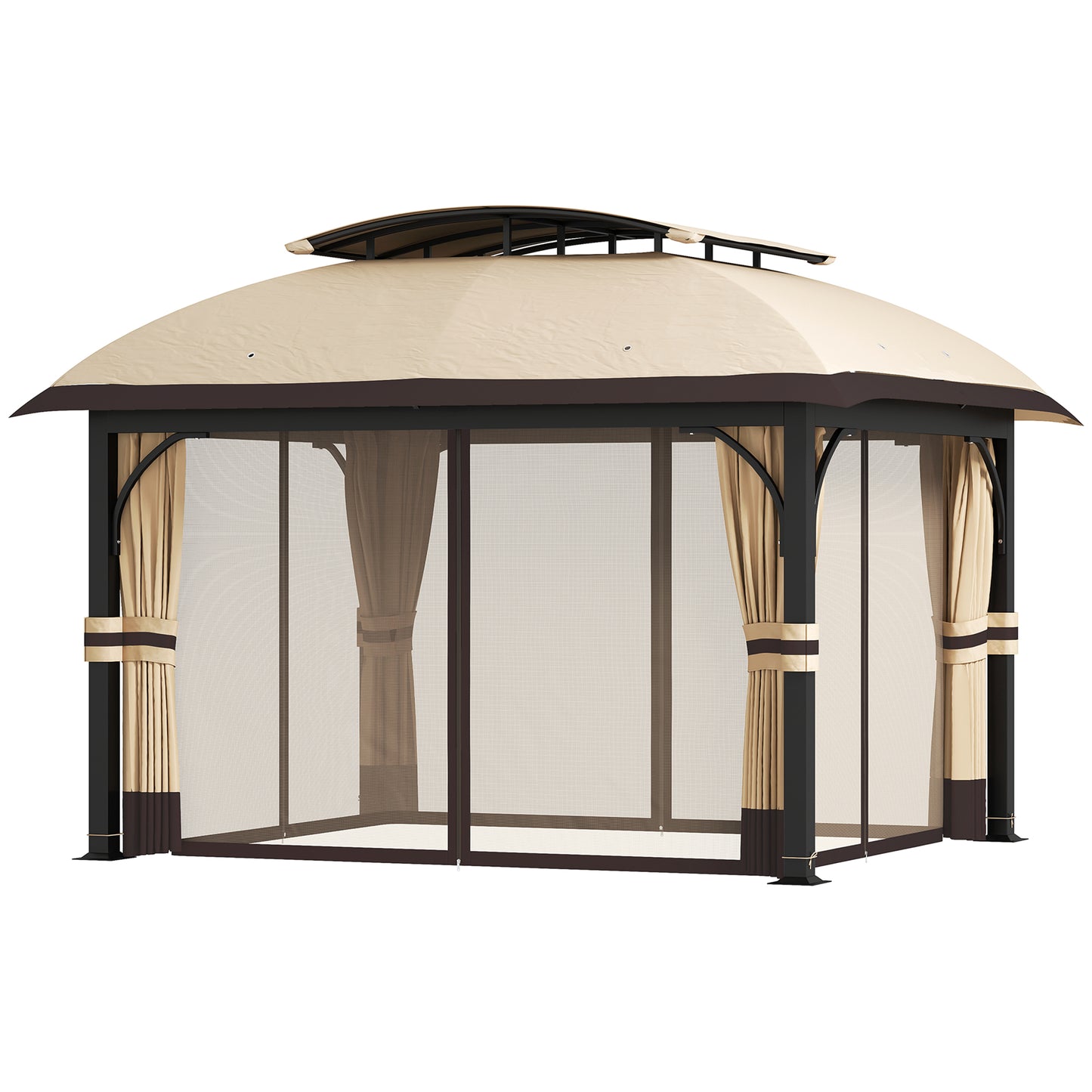 Outsunny 11' x 13' Double Roof Gazebo with Mosquito Netting and Curtains, Galvanized Metal Frame, Khaki