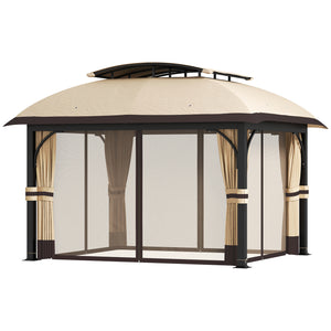 Gazebo 11' x 13', double toit, avec moustiquaire et rideaux, structure en métal galvanisé, kaki
