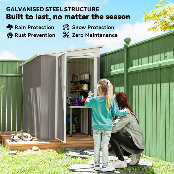 Abri de jardin adossé en métal avec porte verrouillable et aérations, gris clair