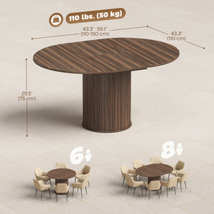 Table de cuisine extensiblepour 6 à 8 personnes style ferme, avec pied central et finition noyer.