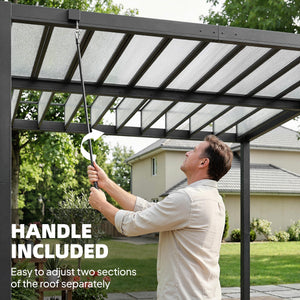 9.5 x 10 ft adjustable louvered pergola with polycarbonate roof, drainage gutters, handle, clear