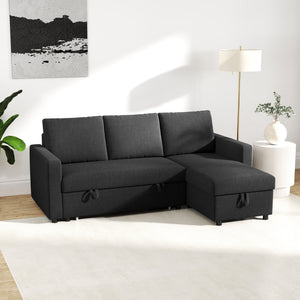 Convertible Corner Sofa Bed, Built-In Storage & 3 Removable Back Cushions, Black