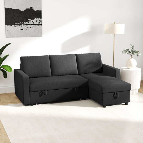 Convertible Corner Sofa Bed, Built-In Storage & 3 Removable Back Cushions, Black