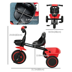 Grand tricycle avec siège réglable, ceinture de sécurité, deux paniers de rangement, rouge