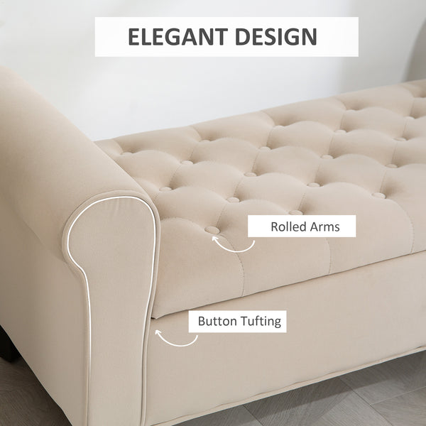 50 Inches Storage Ottoman, Upholstered Bedroom Bench with Rolled Arms and Button Tufted Storage, Beige