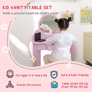 Coiffeuse avec miroir et tabouret, motif chat, rose